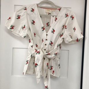 Anthropologie Embroidered Blouse with Tie Detail